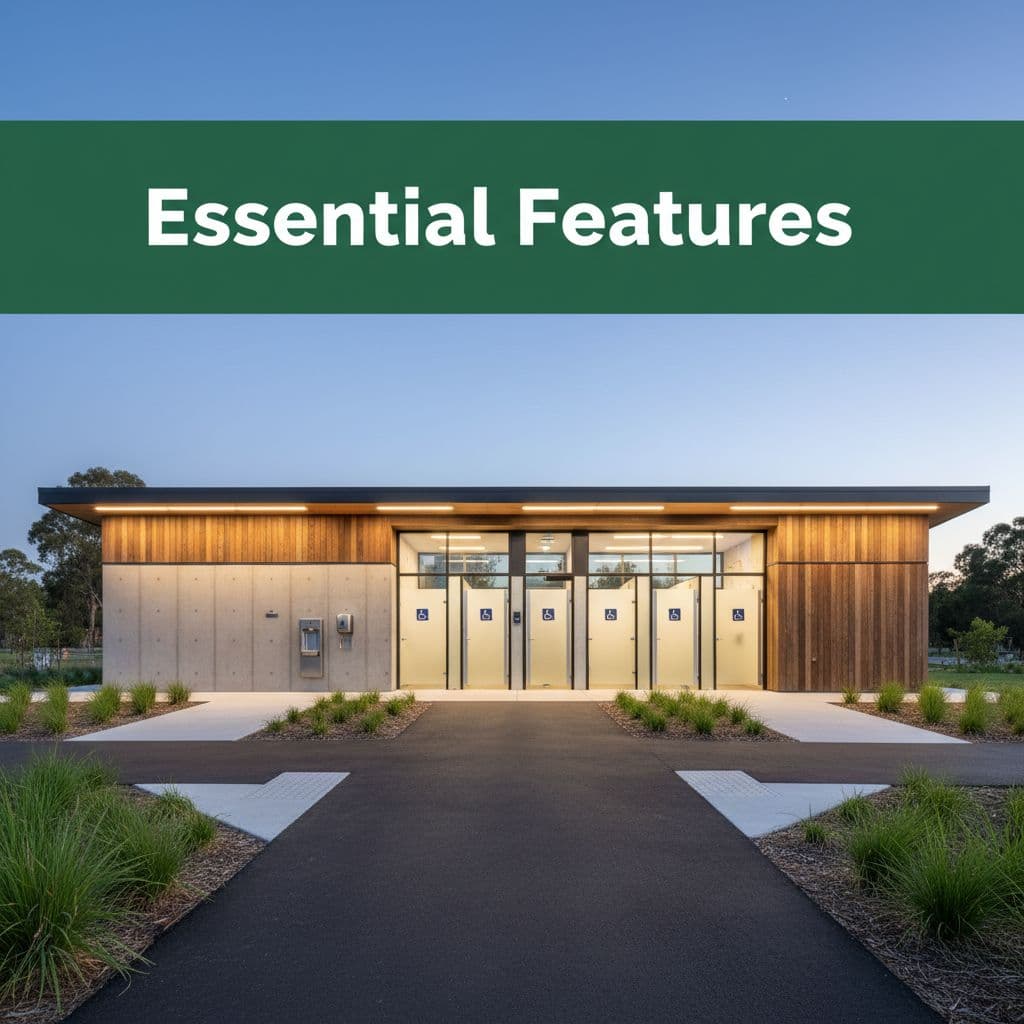 A modern utility building features paved pathways leading to an accessible entrance. A prominent green banner displays Essential Features text above the clean, minimalist facade set against a clear outdoor sky.