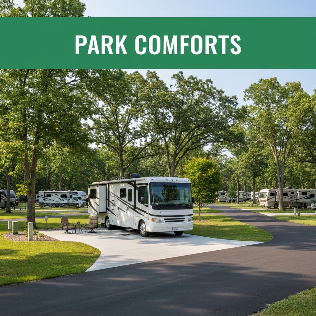 A spacious, paved RV site sits beneath a canopy of mature leafy trees on a bright day. A green horizontal banner labeled Park Comforts floats above the inviting outdoor space.