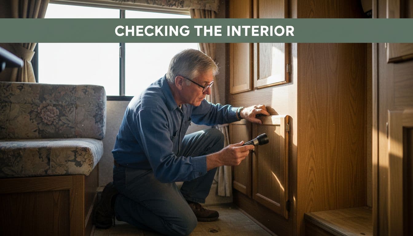 A retired person closely examines a cabinet corner inside a used RV for potential water damage.