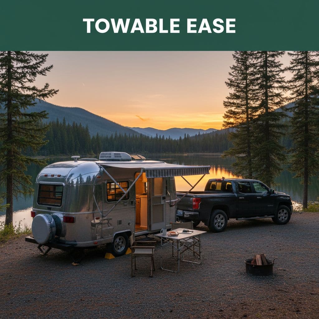 A compact, modern travel trailer is parked at a serene campsite overlooking a quiet lake.