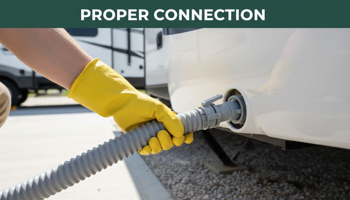 A person in yellow gloves attaches a flexible sewer hose to an RV waste outlet.