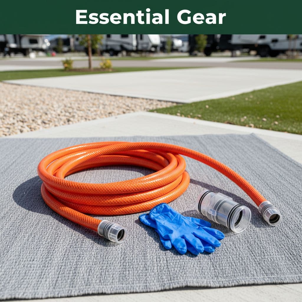 A sewer hose, gloves, and translucent fitting are arranged on a campsite mat under an Essential Gear header.