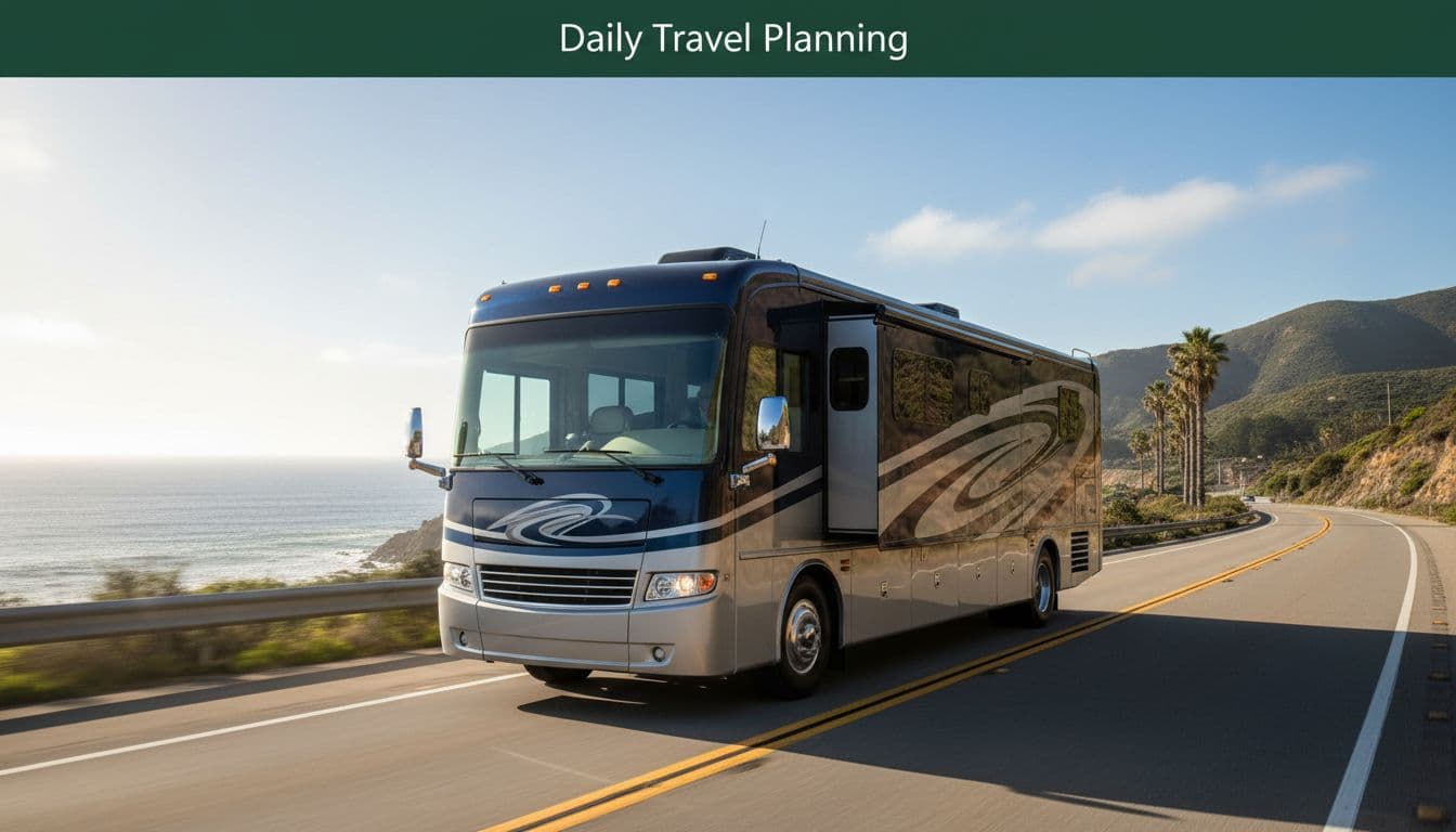 A Class A motorhome cruises along a scenic open highway on a bright sunny day.