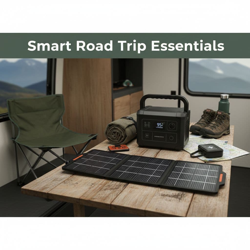 A portable solar panel, power station, and camp chair are neatly displayed on a wooden surface.