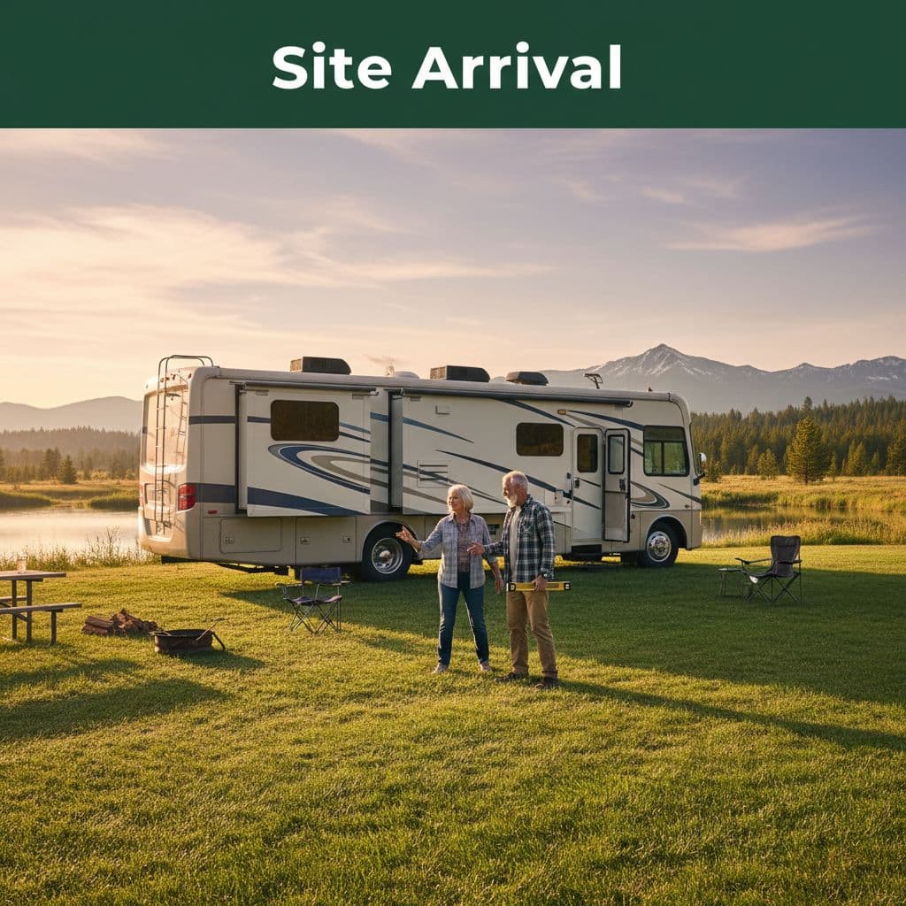 An older couple carefully maneuvers their RV into a grassy campsite during golden hour.
