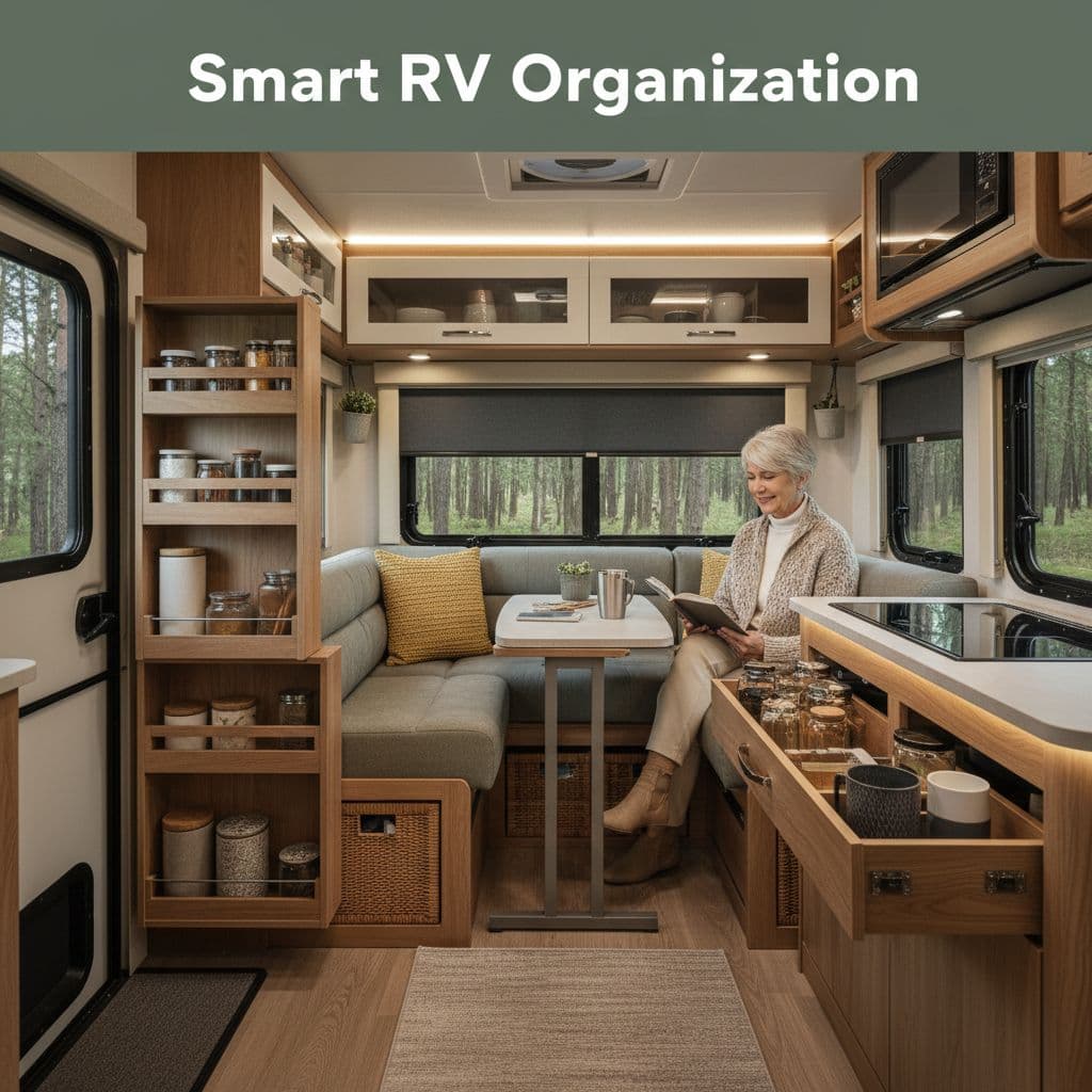 A woman relaxes in a tidy, modern RV cabin featuring efficient built-in storage solutions.