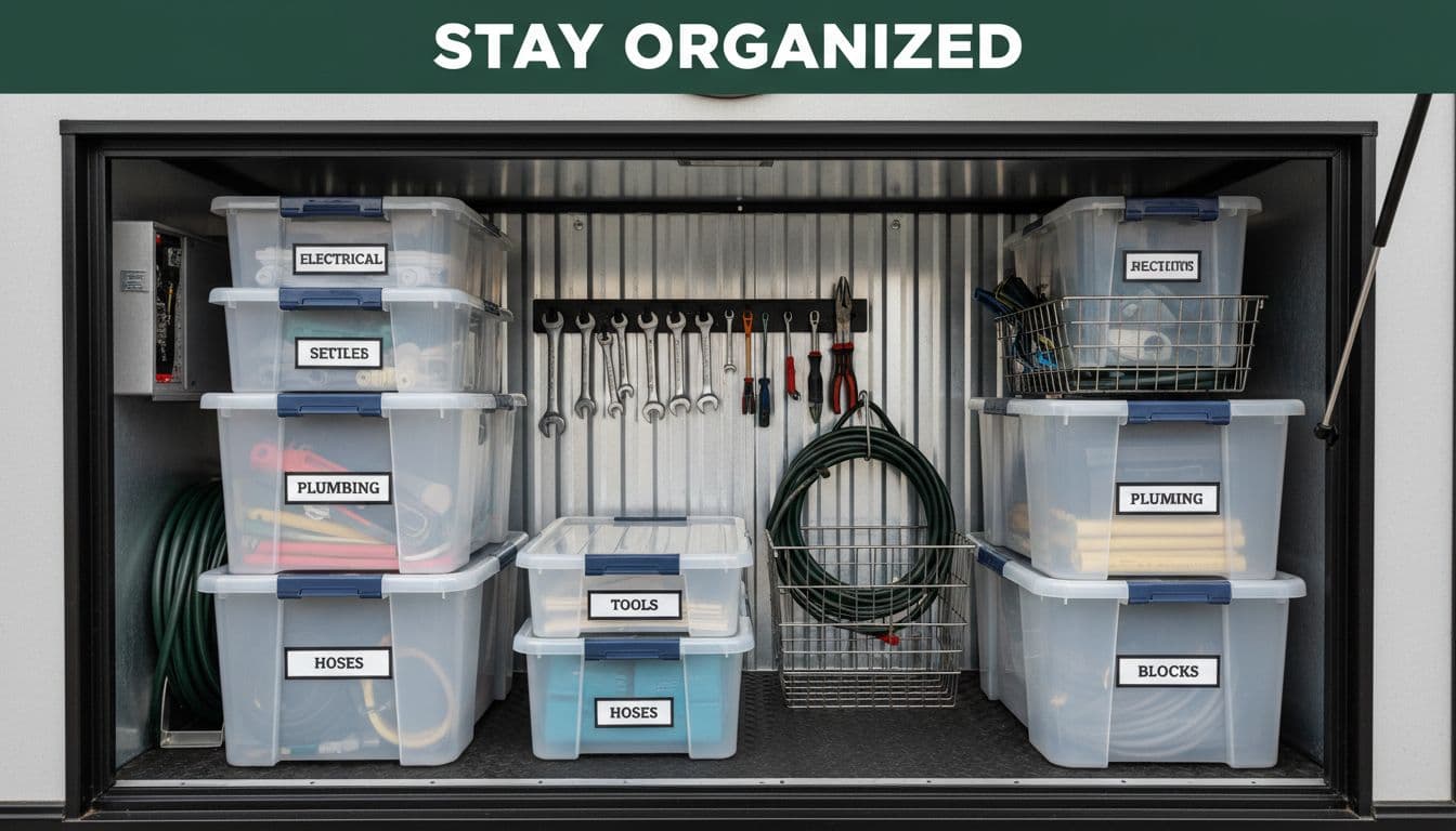 A well-organized RV storage bay featuring labeled plastic bins and neatly arranged tools.