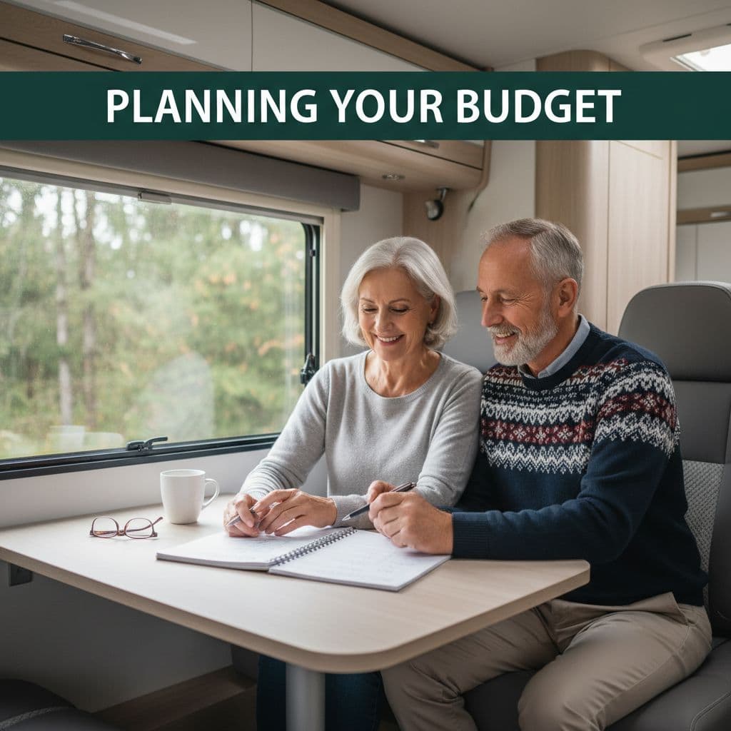 A retired couple sits at a small kitchen table inside a bright modern RV reviewing a notepad.