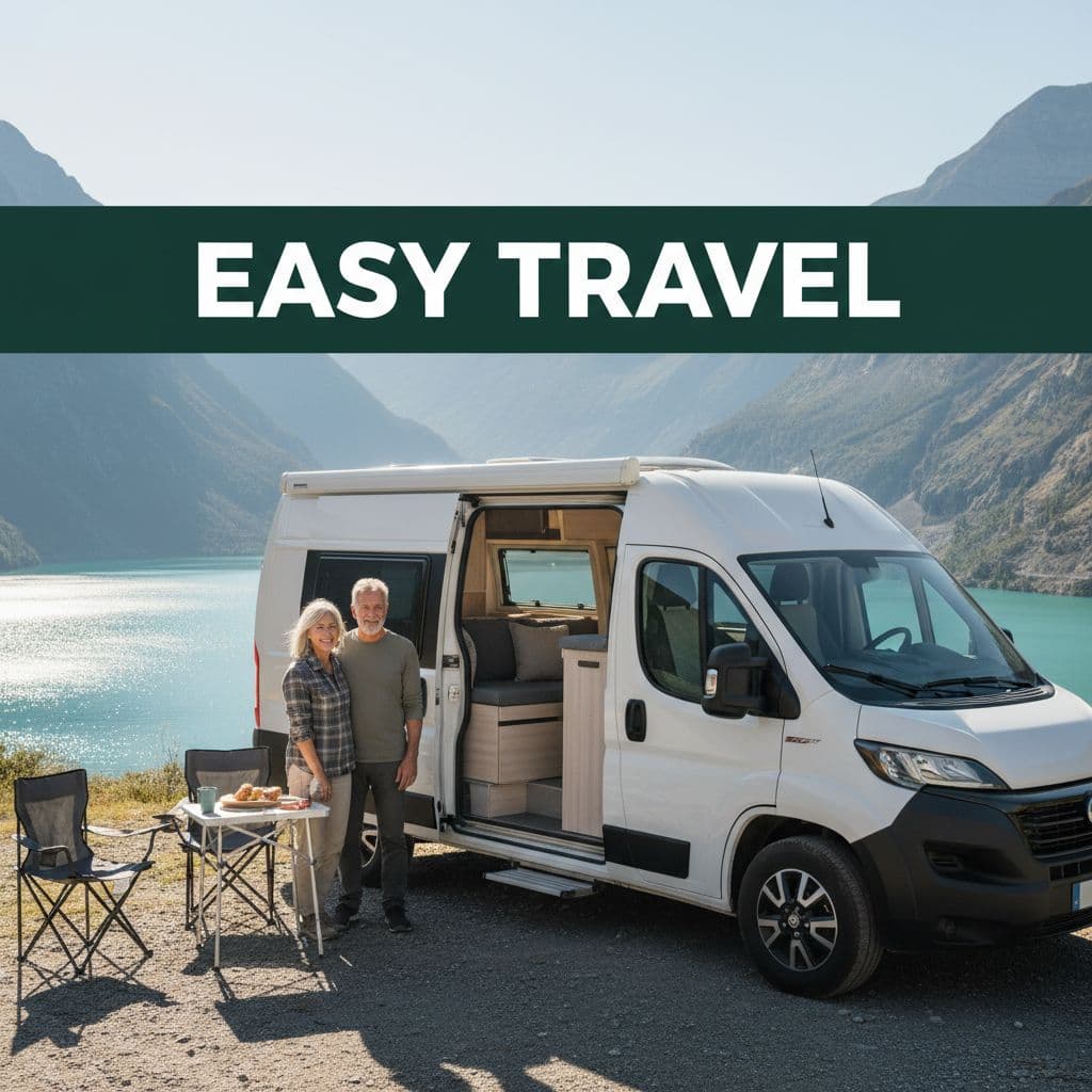 A retired couple stands beside their modern Class B camper van at a bright, sunny campsite.