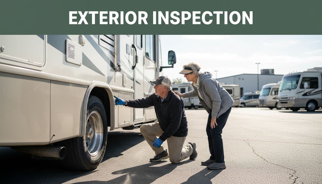 A retired couple examines the body panels and tires of a used RV at a dealership.