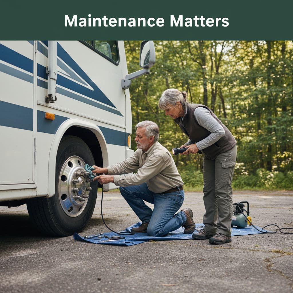 An older couple works together to inspect and clean the tires of their parked recreational vehicle.