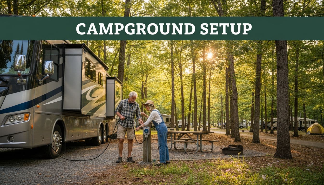 A couple works together to plug their recreational vehicle into a campground power pedestal.