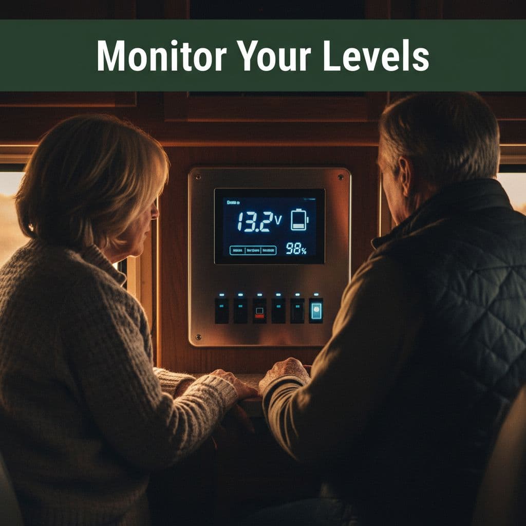 A close-up shot shows a digital battery monitor panel mounted inside an RV. An older couple stands nearby observing the levels, framed by a dark green banner labeled with white text.