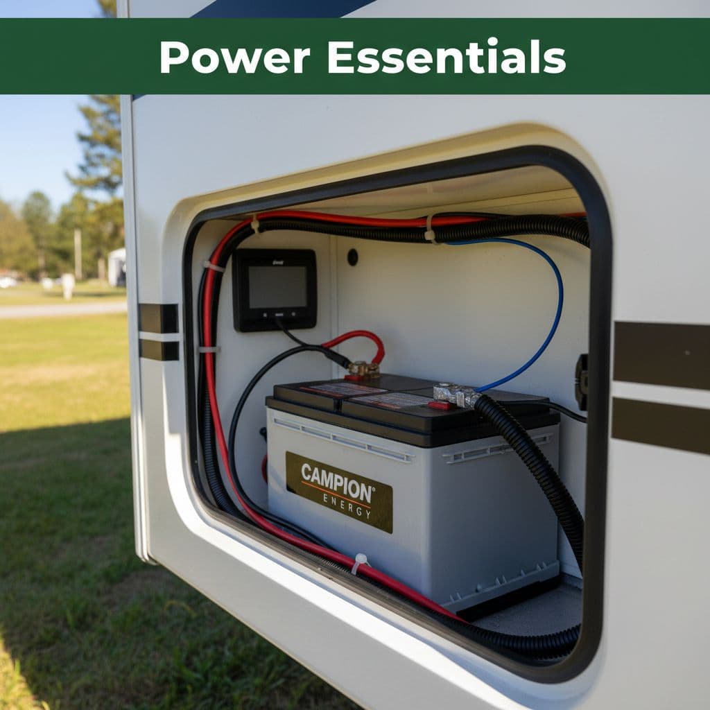 A single deep-cycle battery sits inside a meticulously organized exterior compartment. Thick positive and negative cables connect to the terminals, showcasing a professional installation set against a bright, sunlit campground background.