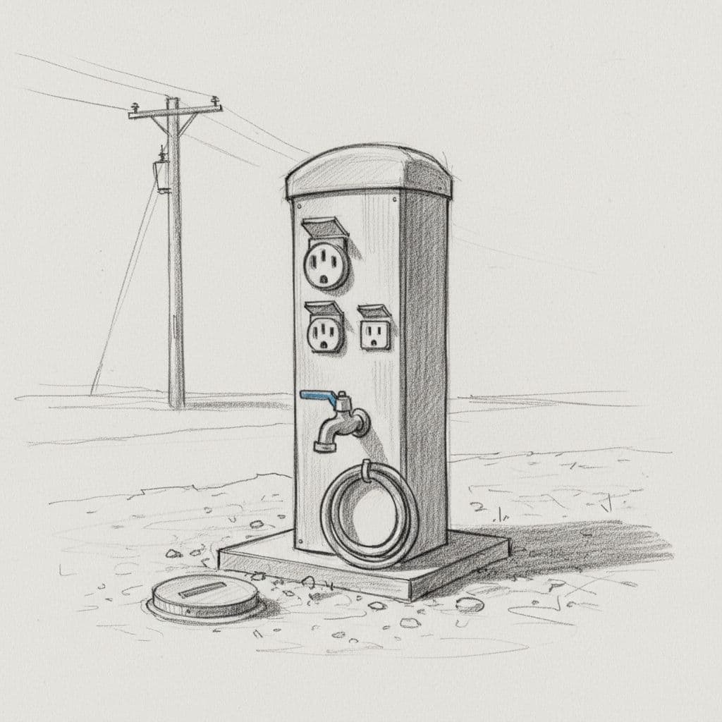 A graphite drawing illustrates a utility pedestal featuring electrical outlets, a water spigot, and a sewer connection.