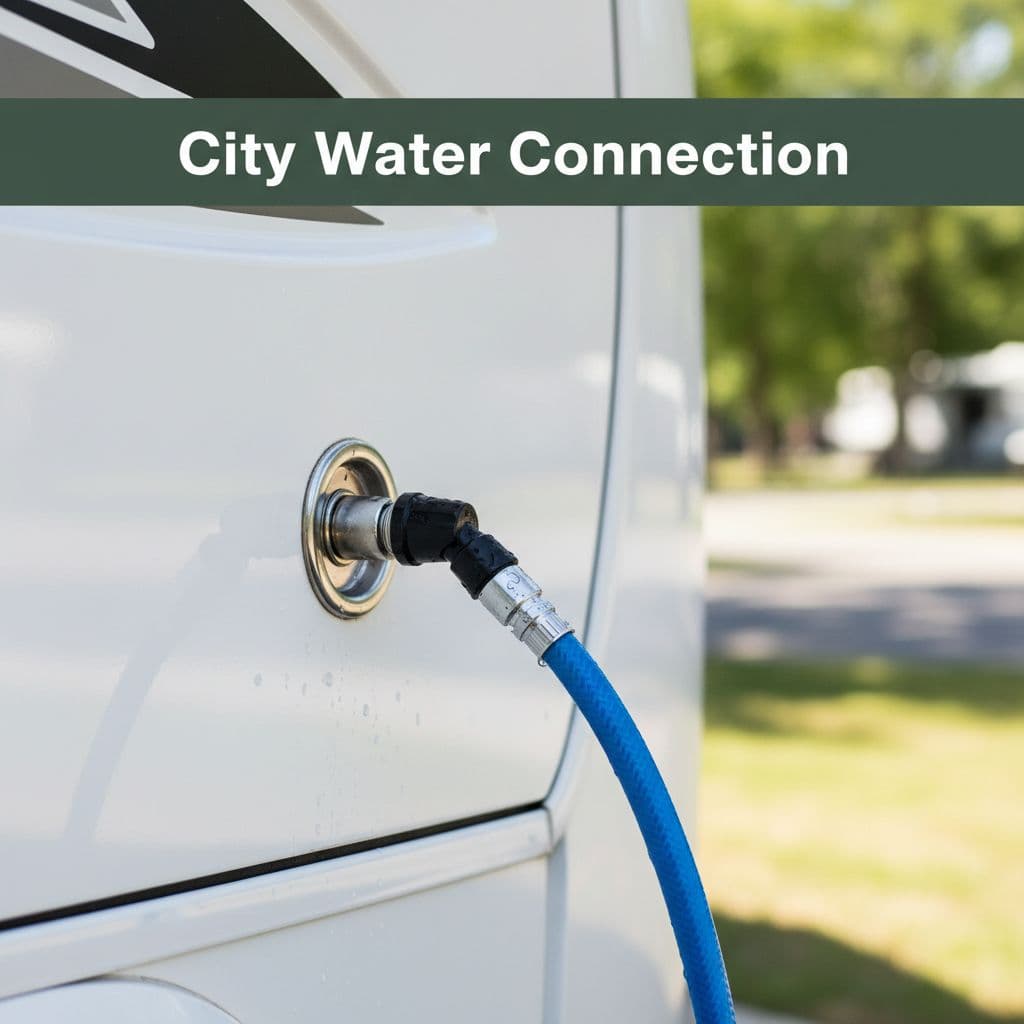 A fresh water hose is securely attached to a circular metal inlet on the white siding of a modern camper. A green header bar features bold white text labeling the connection point.