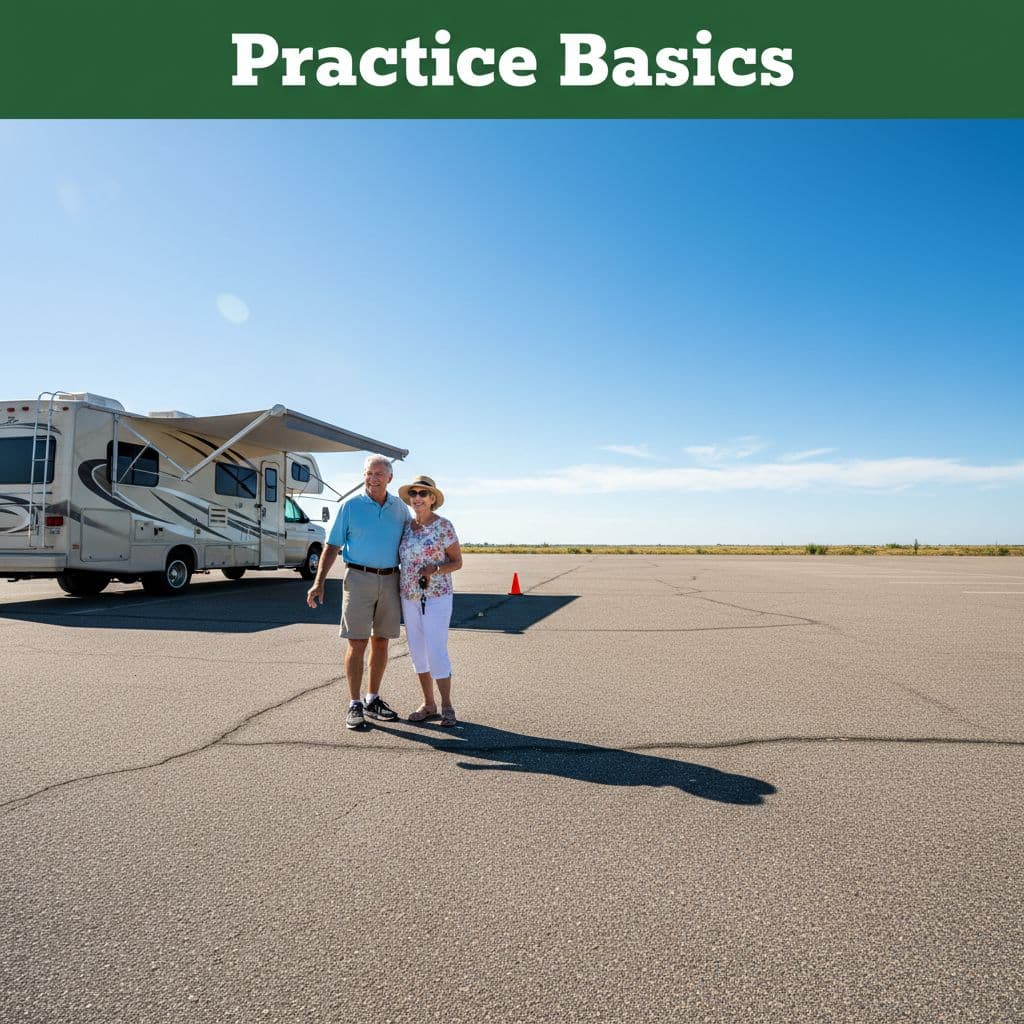 An older couple stands beside their motorhome in a large, empty, sunlit paved parking lot.