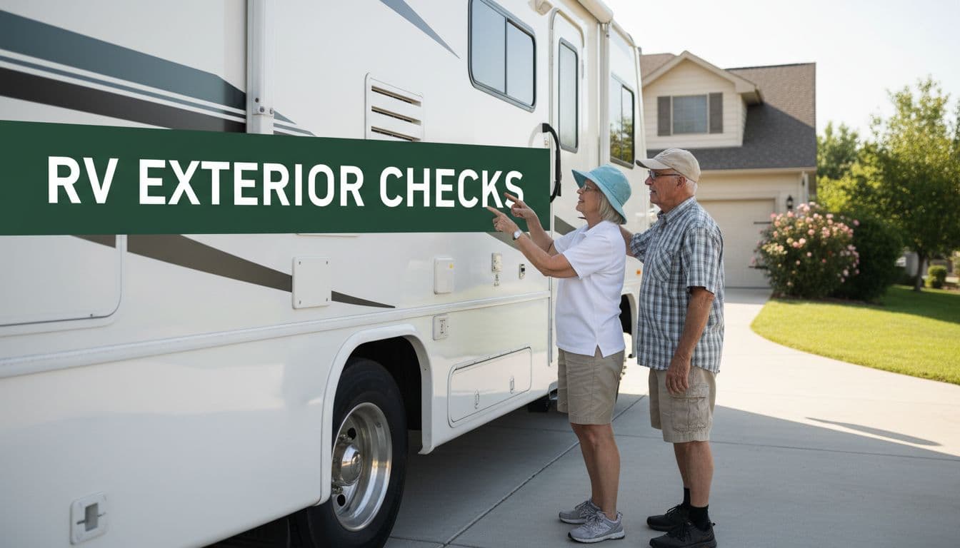 A retired couple stands beside a pristine white recreational vehicle in a bright driveway. They examine the sidewalls during a routine safety check, framed by a dark header with geometric text.