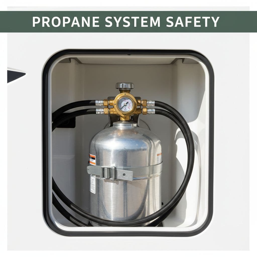A shiny metal propane tank rests inside an organized storage bay, connected by clean rubber hoses to a polished brass regulator. Bright sunlight illuminates the organized compartment against a dark background.