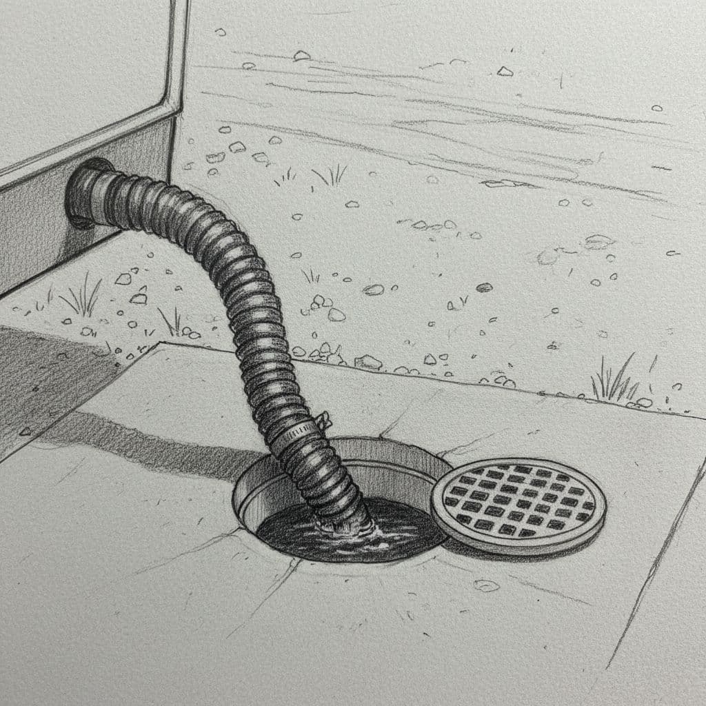 A graphite drawing shows a corrugated sewer hose connecting an RV discharge pipe to a ground drain.