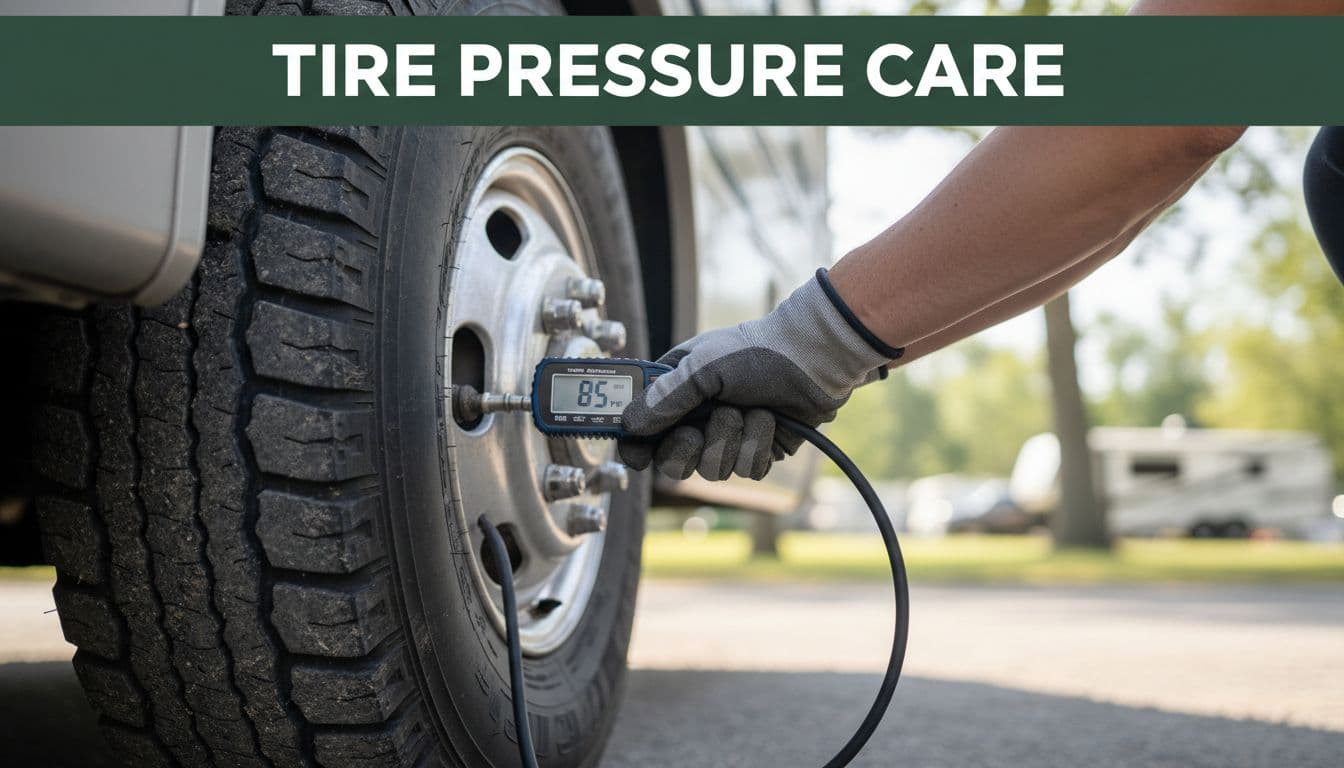 A person uses a pressure gauge to check the inflation levels of a large RV tire. The composition features a prominent dark-green header bar at the top displaying bold white text.