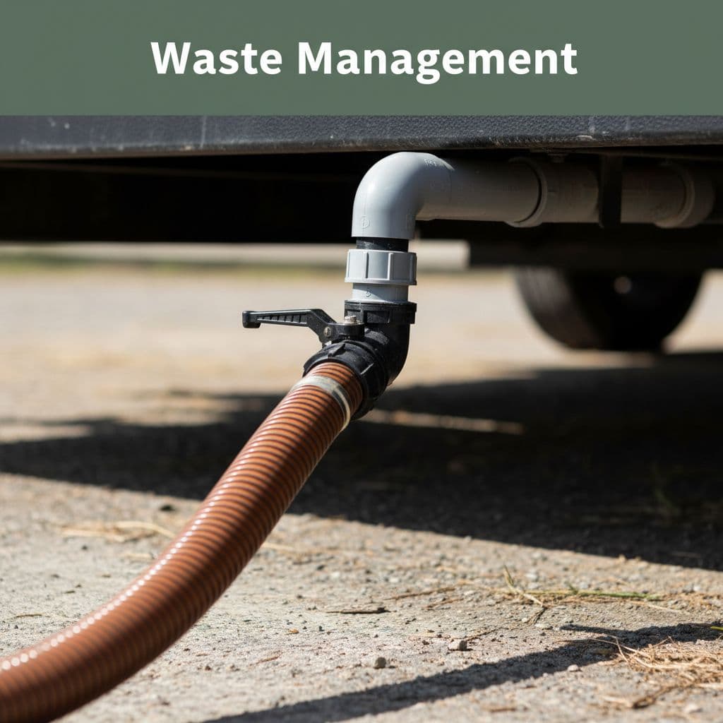 A low-angle view shows a black sewer hose securely attached to an RV waste water drain outlet. A dark green header banner displays white text indicating waste management system components.
