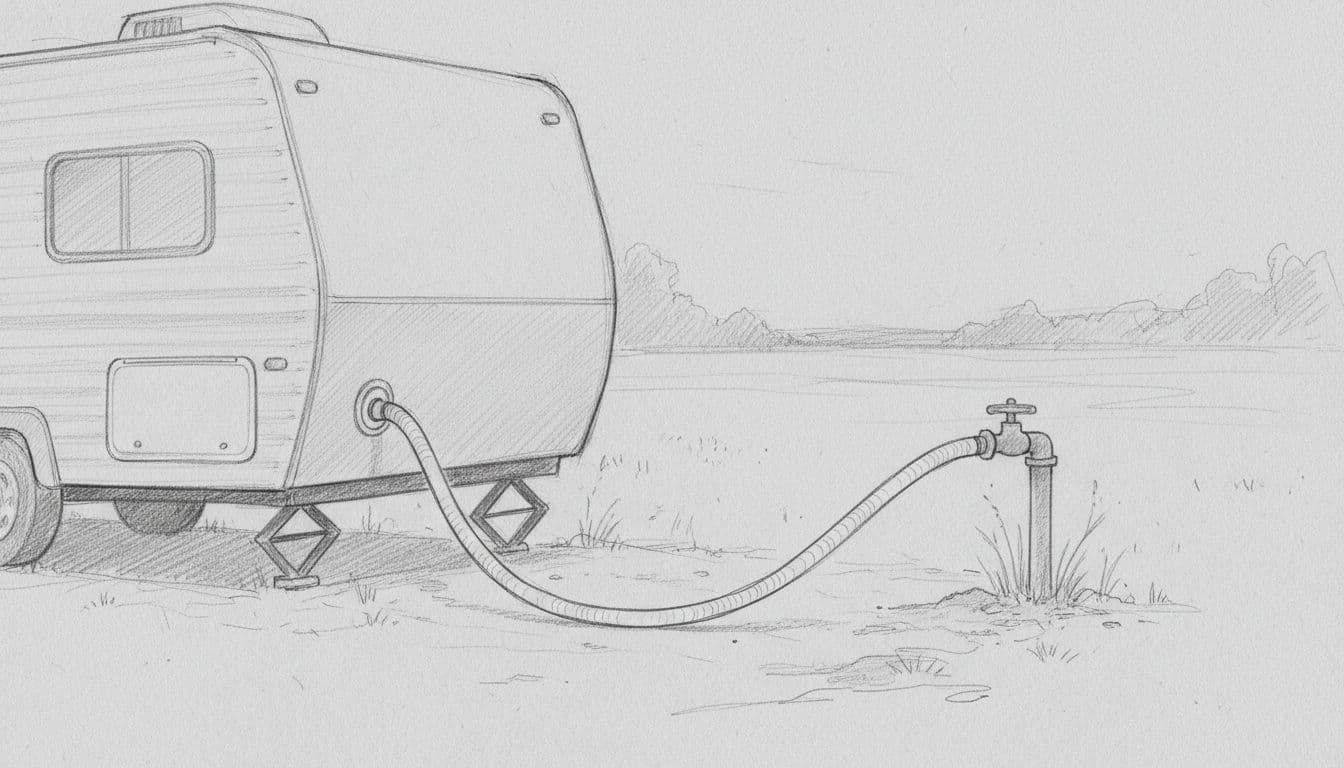 A simple graphite sketch showing a white hose connecting an RV water port to a campground spigot.