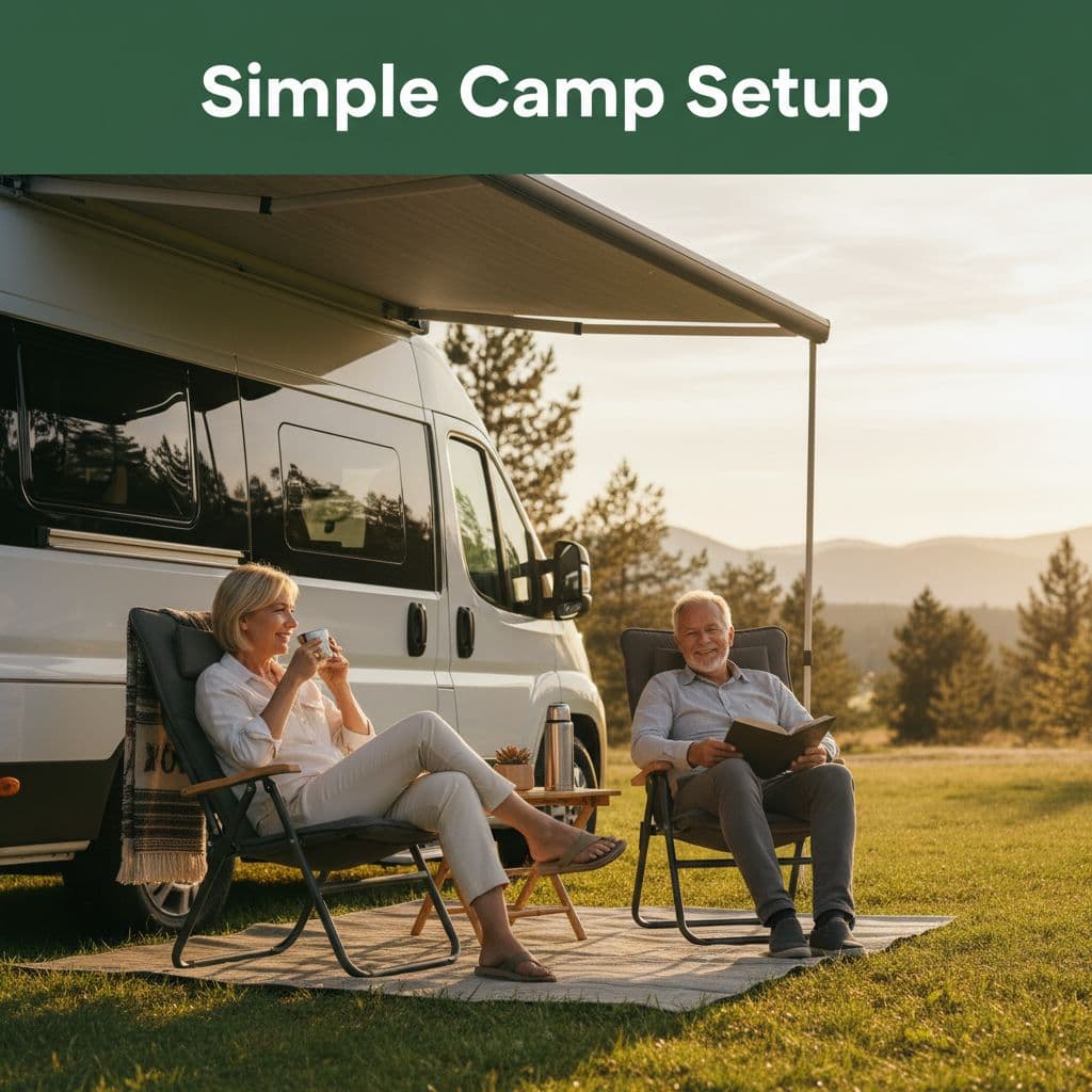 An older couple rests in folding chairs outside a modern camper van at a peaceful campsite.