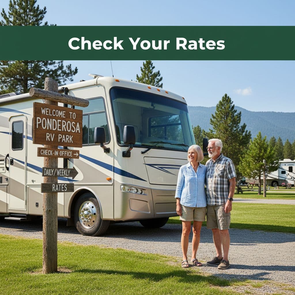 An older couple stands next to their RV at a campground while reading a wooden sign.