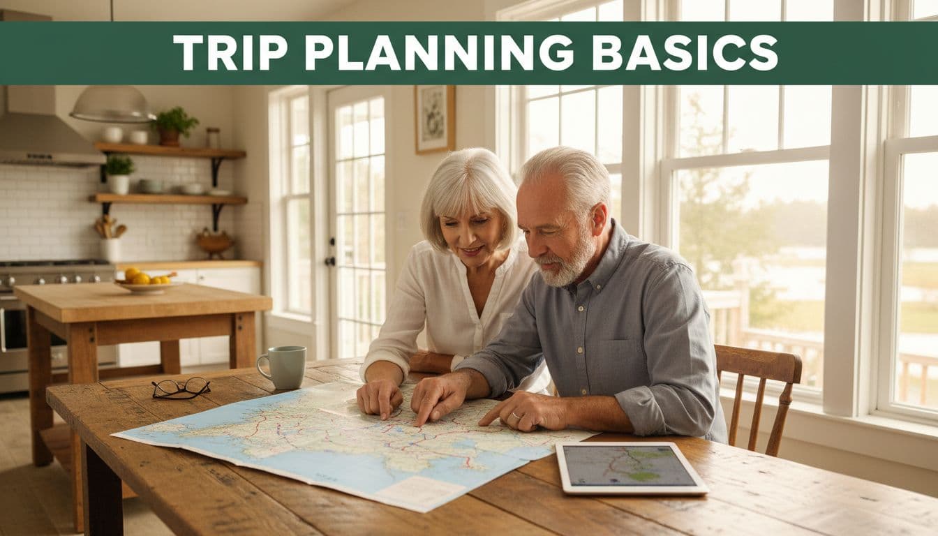A retired couple sits at a sunny wooden table reviewing a map and tablet for travel planning.