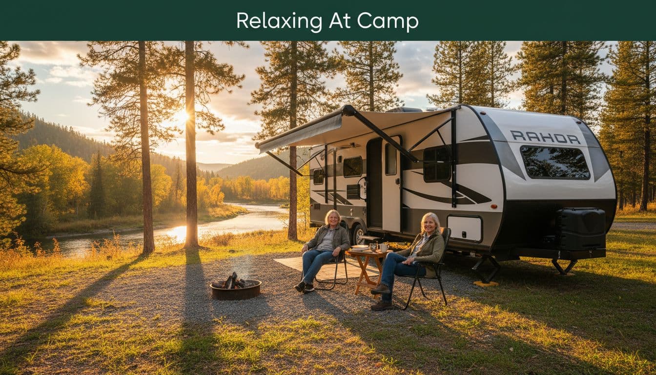 An older couple sits in lawn chairs outside their travel trailer during a peaceful golden hour.