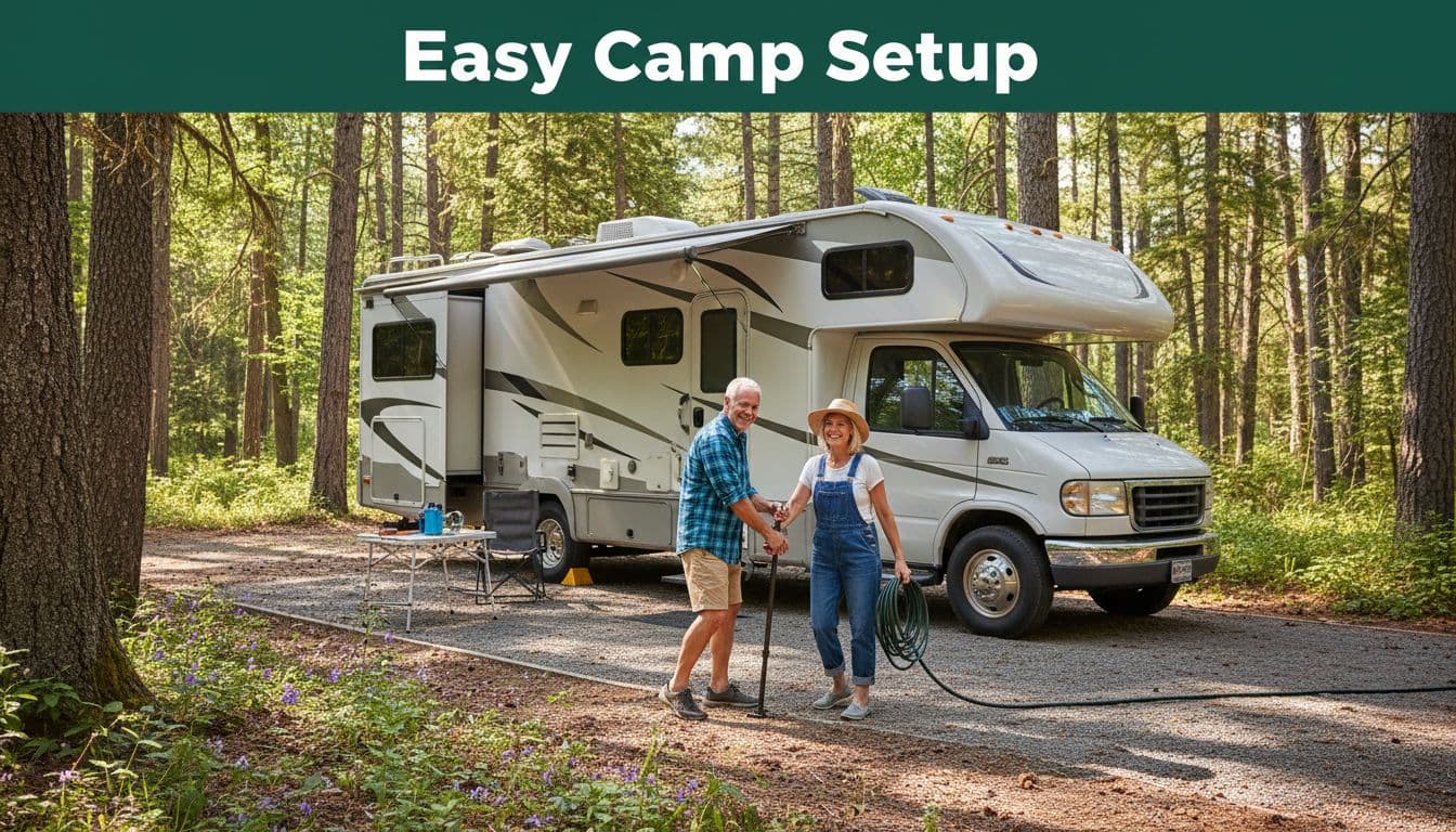 A smiling senior couple efficiently sets up their recreational vehicle at a sunny forest campsite.