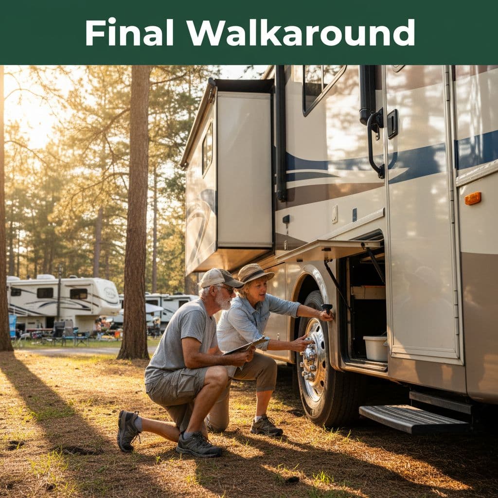 An older couple inspects their recreational vehicle in a sunny campground using a clipboard checklist.