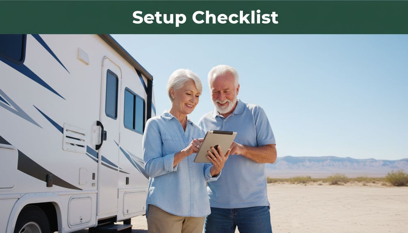 An elderly couple stands outside their RV while reviewing a digital checklist on a tablet.