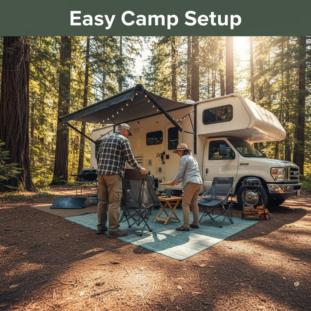 A senior couple sets up folding chairs and a small table at a scenic forest RV site.