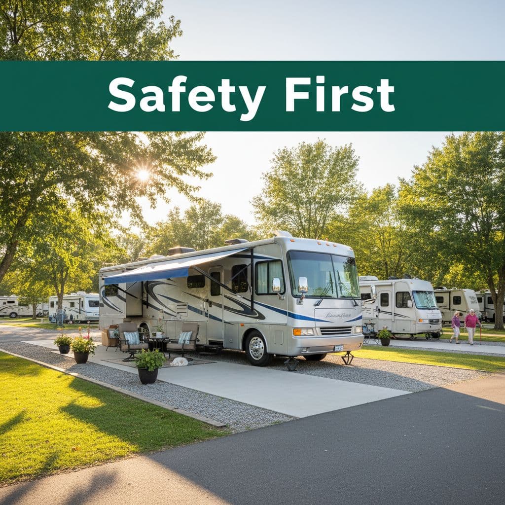 A well-maintained, flat RV site features gravel surfaces under bright daylight with safety signage overhead.