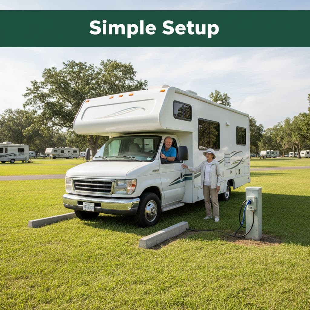 A retired person parks a compact Class C motorhome in a lush green campground spot.