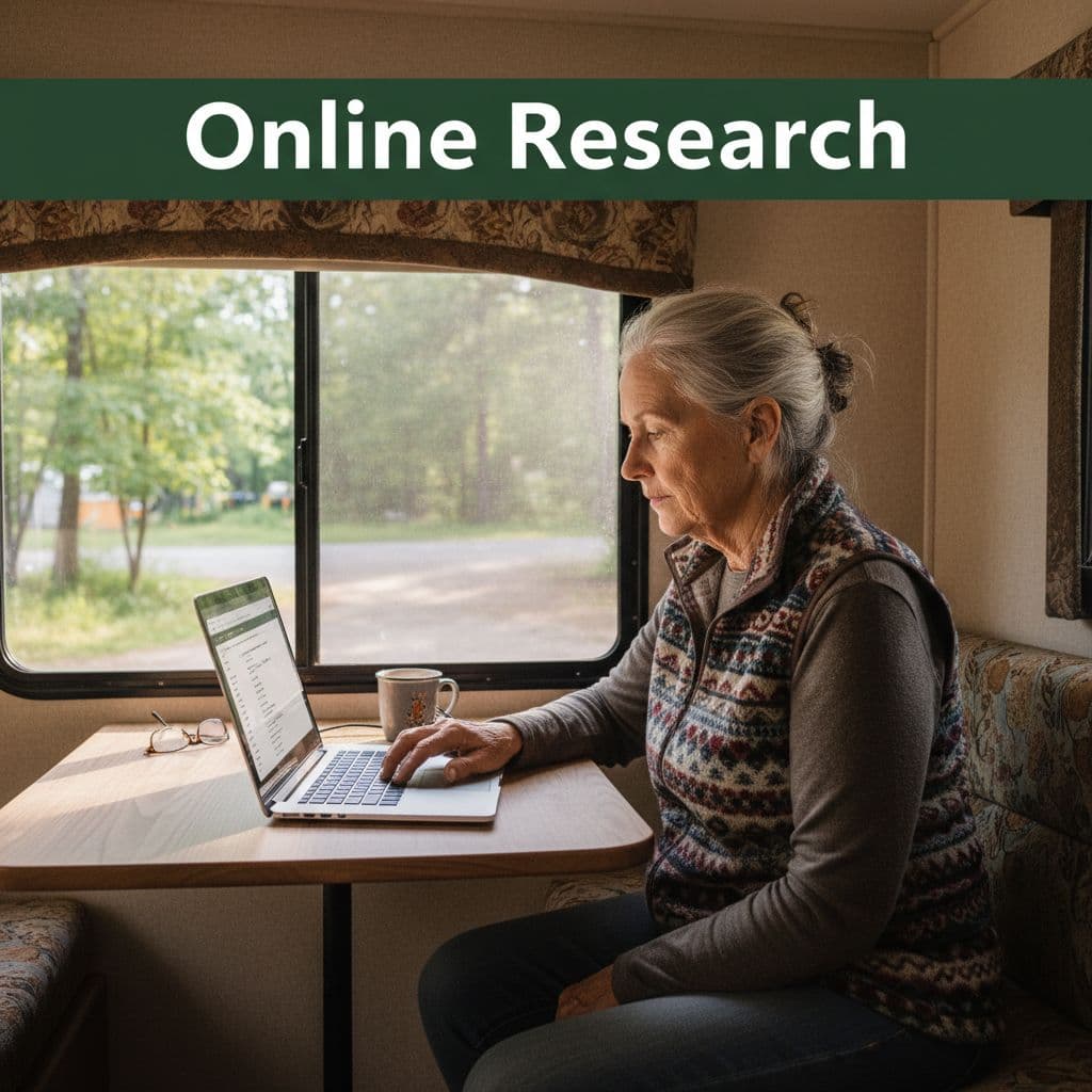 A senior adult sits inside an RV using a laptop to research information at a small table.