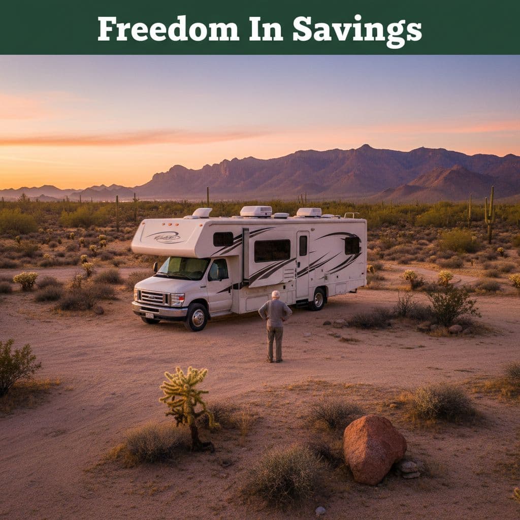 An older person stands outside an RV parked in a scenic desert landscape at sunset.