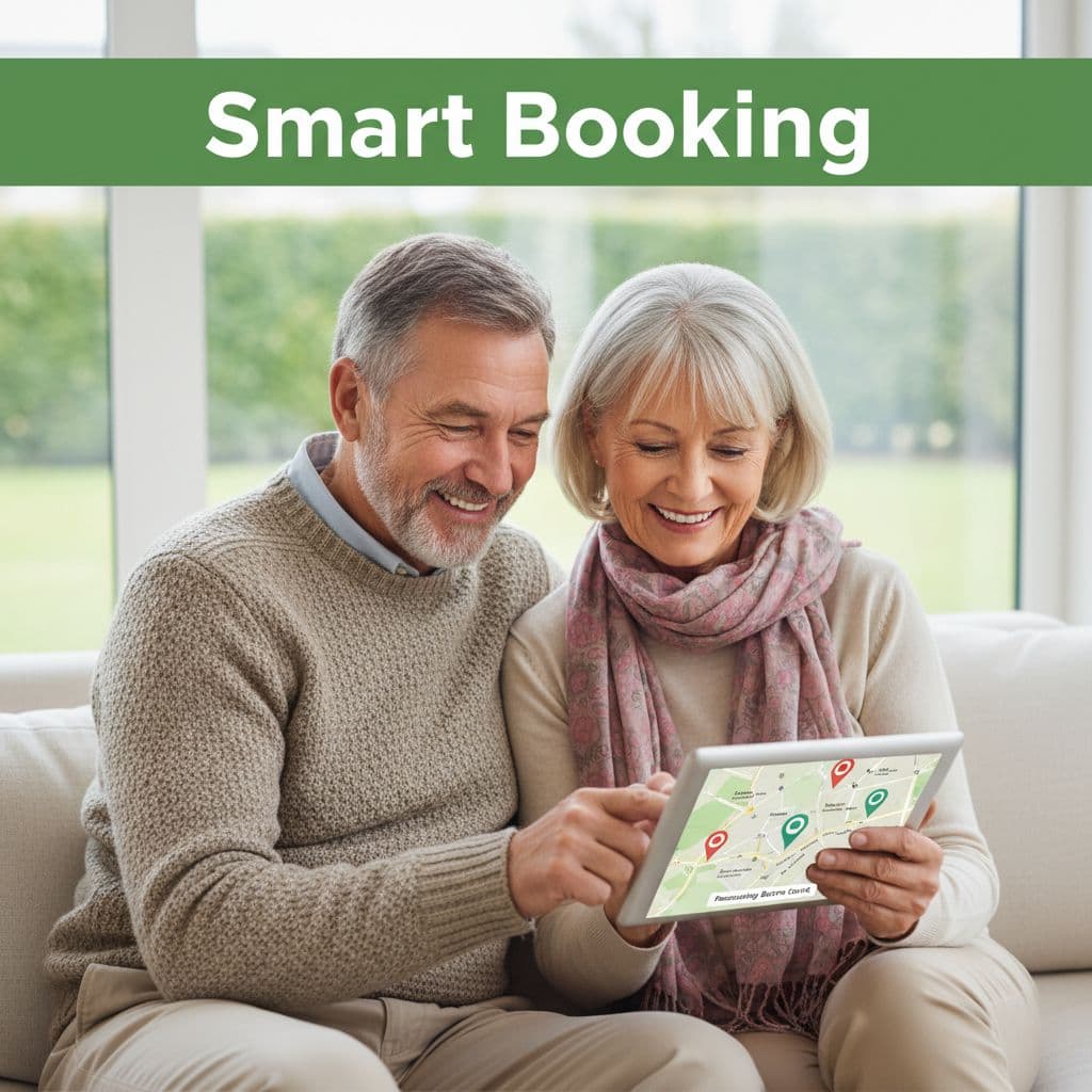 An elderly couple sits together on a cozy sofa, smiling at a tablet screen while organizing their vacation itinerary. A green banner featuring the words Smart Booking appears at the top.