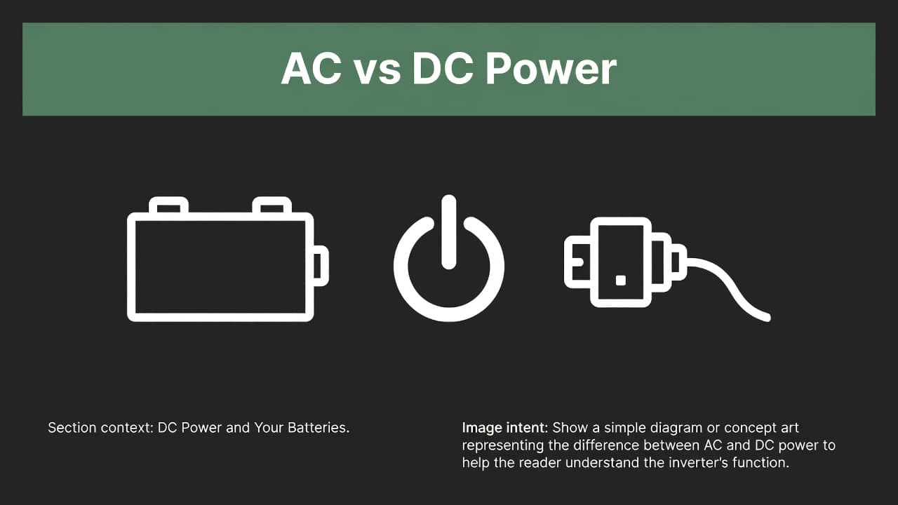 A minimalist graphic features a battery icon beside a wall plug, linked by a central power symbol. A dark green header bar displays the text AC vs DC Power above the icons.