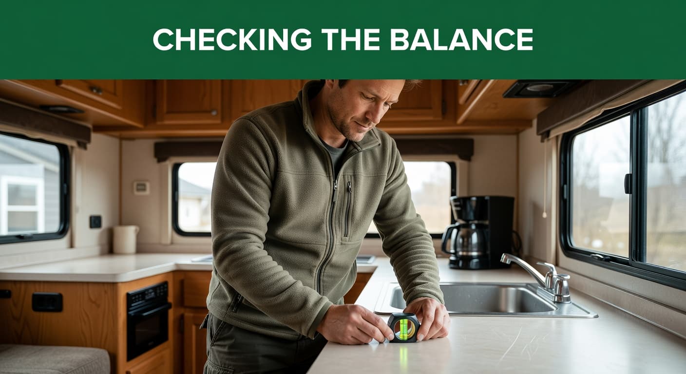 An adult hand holds a circular bubble level on a light-colored kitchen countertop inside a recreational vehicle. The person carefully inspects the vial to ensure the interior surface is perfectly horizontal.