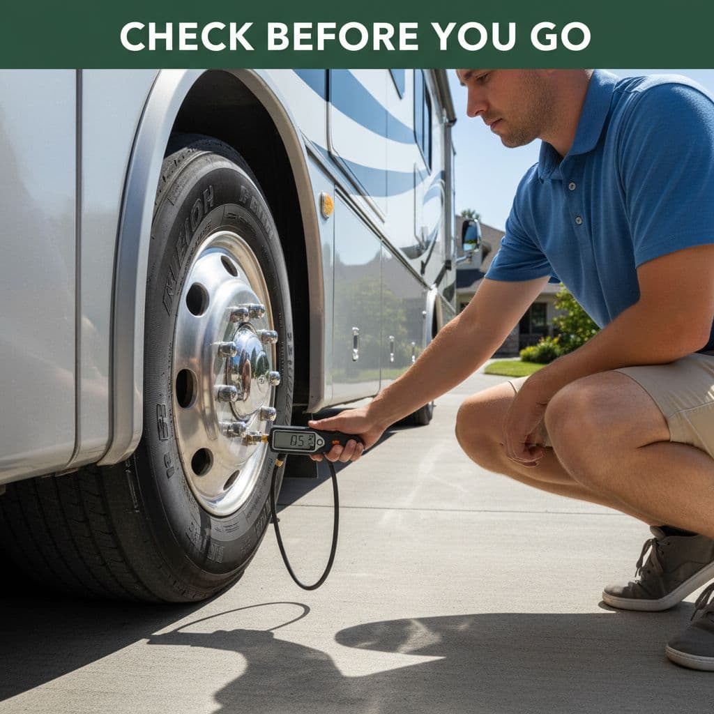 A close-up view shows a hand using a digital gauge on a large motorhome tire valve. The bright, sunny driveway highlights the vehicle's clean exterior under clear daylight conditions.