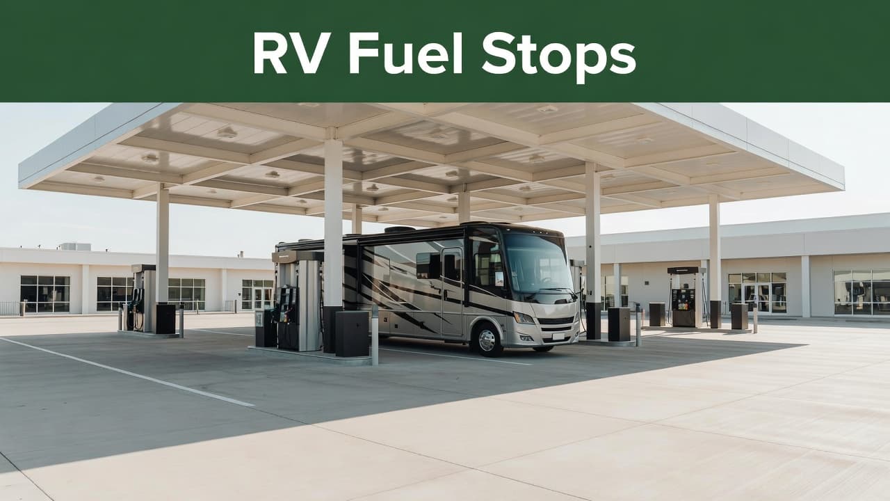 A large Class A motorhome sits under the high canopy of a spacious fuel island. The clean, paved area provides ample clearance for the vehicle to maneuver during an easy stop.