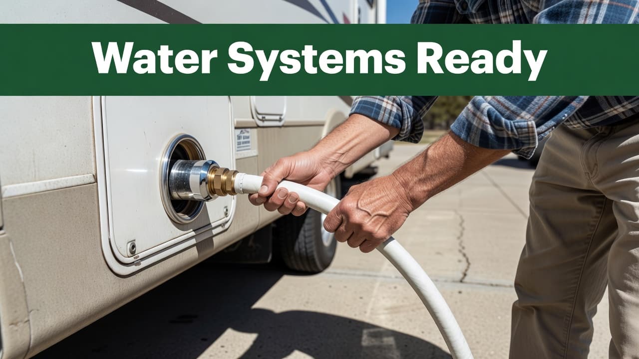 A person connects a white hose to a recreational vehicle city water inlet on a sunny driveway. The top of the frame features a bold dark green bar with white text.