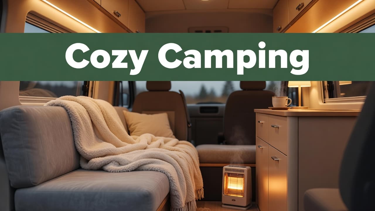 Inside a parked camper van, soft amber lights illuminate a seat draped in a thick wool blanket. A bold dark-green header panel displays the words Cozy Camping across the upper frame.