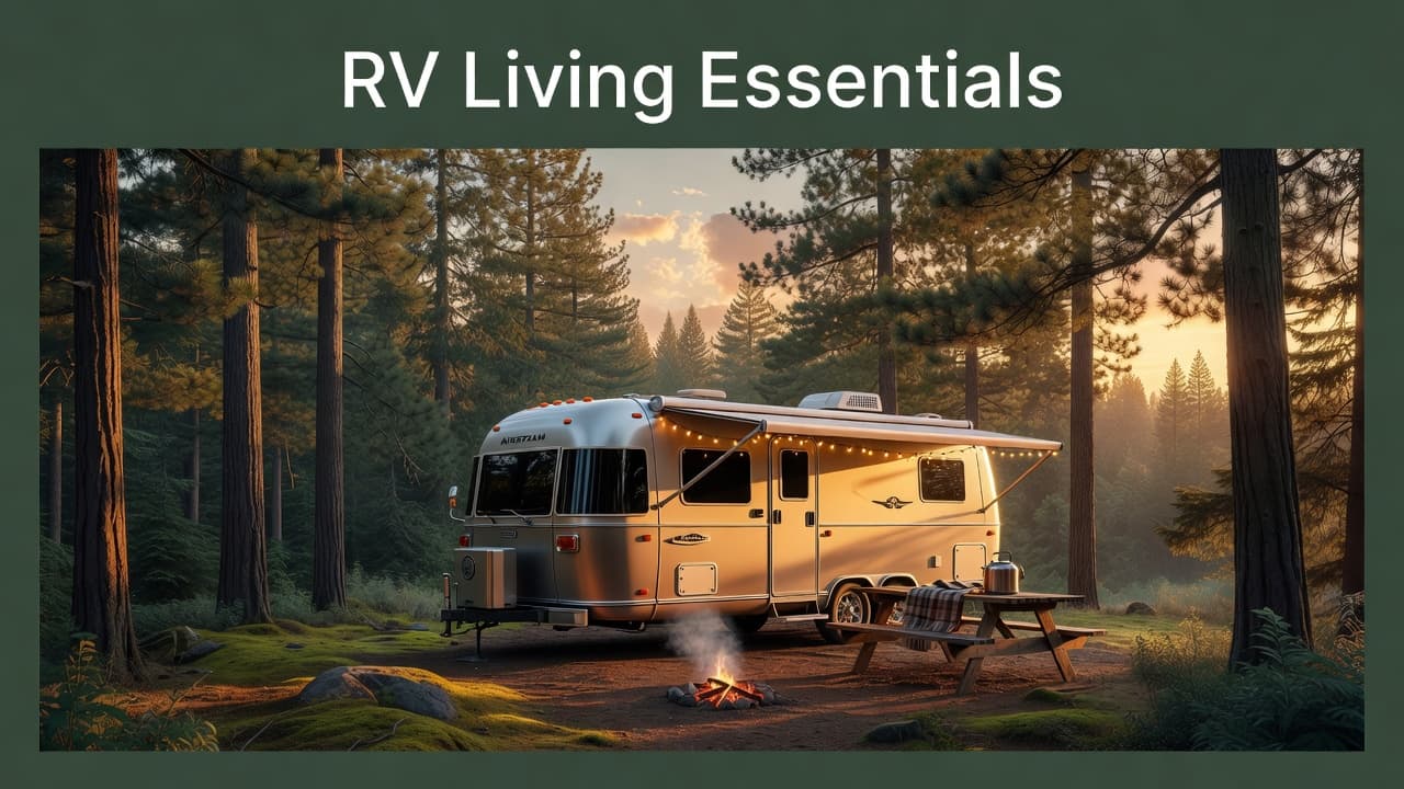 A compact recreational vehicle sits parked on a pine needle forest floor as sunset light filters through the trees. A branded green banner displays text above the tranquil, golden outdoor scene.