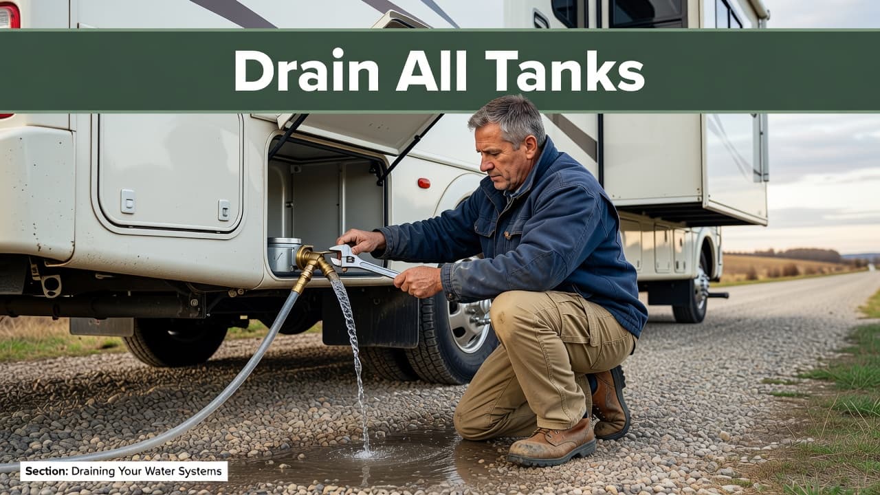 A person kneels beside a recreational vehicle to open the freshwater tank drain valve. A dark green banner at the top features white text that reads Drain All Tanks clearly.