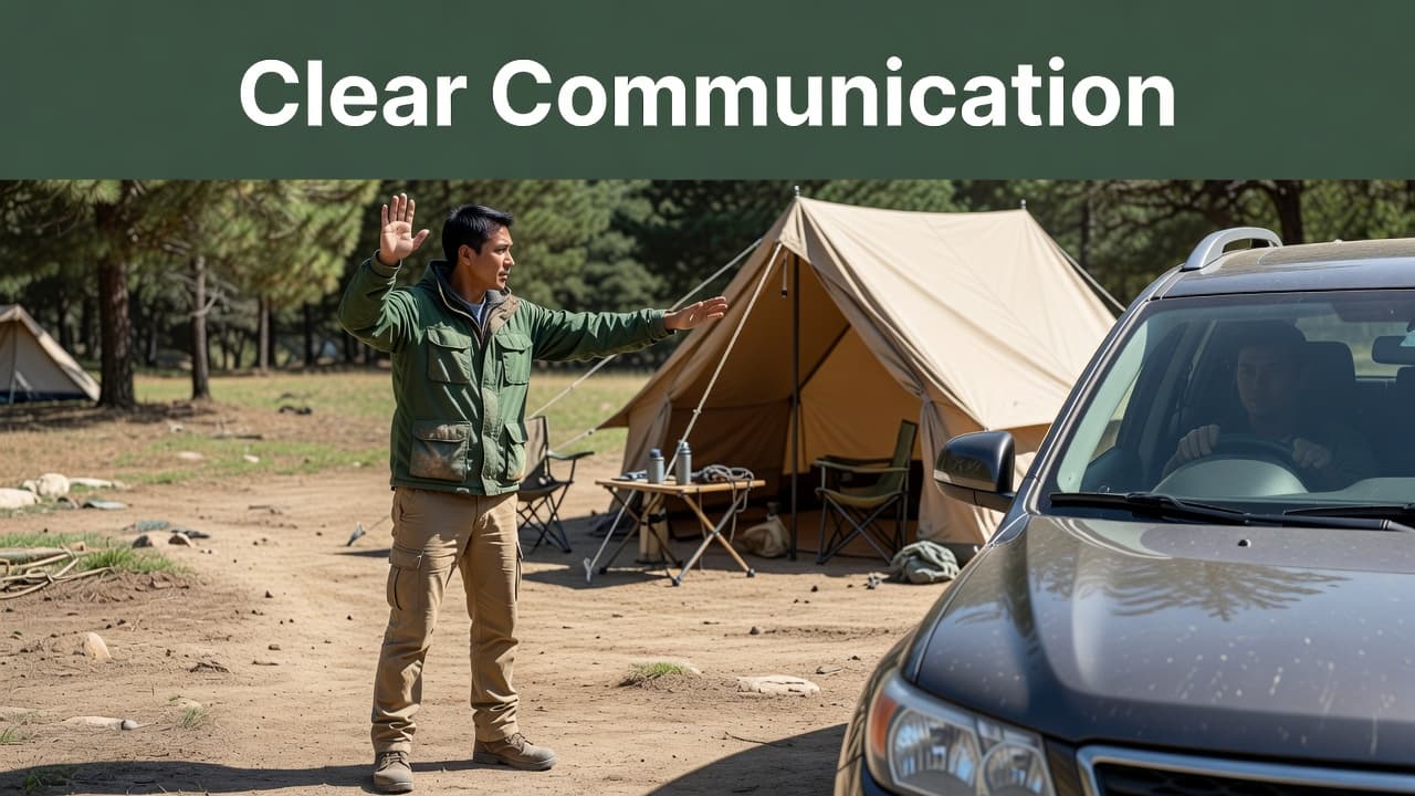 A person stands on gravel outside a tent to guide a vehicle using clear arm gestures. A dark green band at the top of the frame contains bold text reading Clear Communication.