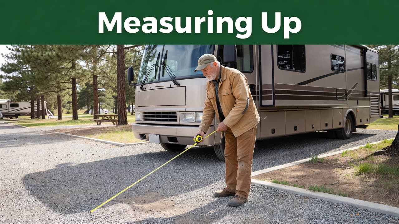 An older adult stands outside their parked recreational vehicle while using a yellow tape measure to inspect the ground dimensions of a gravel campsite pad. A bold header appears above.